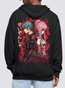 ROMWE MEN Anime Men's Cartoon Character Printed Zipper Hoodie - Black - View 1