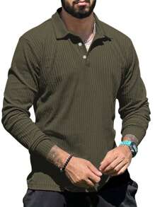 NITAGUT 男士休閒長袖 Polo 衫 - 軍綠色 - 查看 1