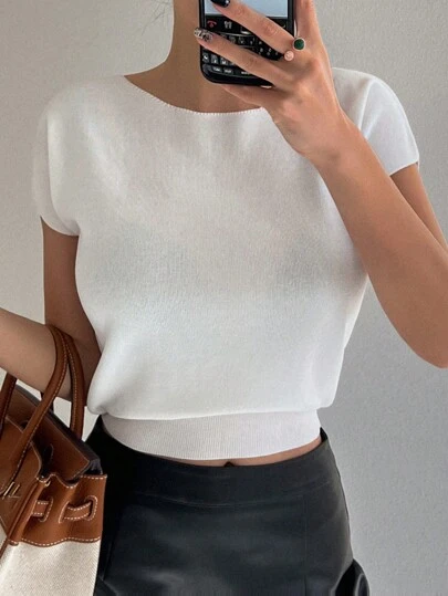 Solid Color Short Sleeve Knit Top,Fall Clothes