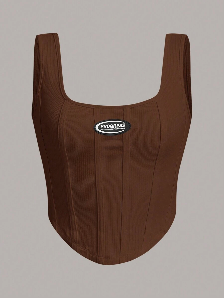 SHEIN EZwear Women's Chambray Detail Tank Top - Brown - View 1