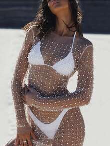 女式重珠串珠透视性感长袖连衣裙