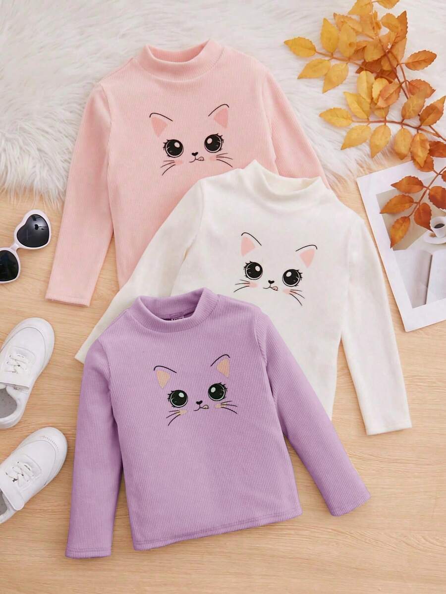 SHEIN 小女孩3入組休閒貓紋天鵝絨厚t恤 - 紫色 - 查看 1