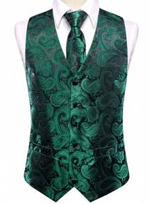 Men Paisley Print Waistcoat - Green - View 3
