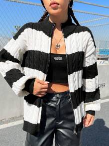 SHEIN EZwear 女士扭轉條紋圖案針織衫 - 黑與白 - 查看 4