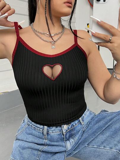 SHEIN EZwear 2024 Spring/Summer Valentine's Day Plus Size Hollow Heart Embroidered Camisole