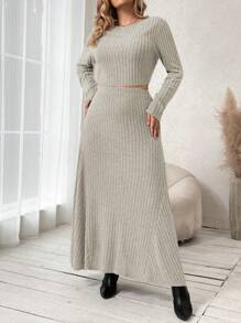 SHEIN Franclia 大尺碼女士肋紋長袖t恤和裙子套裝 - 杏色 - 查看 5