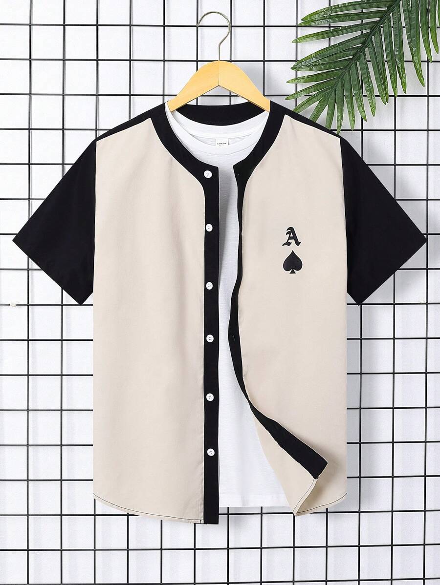 SHEIN 青少年男孩寬鬆短袖襯衫,帶黑桃a圖案,配色設計 - 彩色 - 查看 1