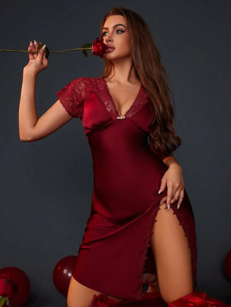 1pc Women's Lace Decorated High Slit Satin Night Dress