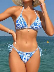 Swim Vcay Summer Beach Flower Print Two-Piece Bikini Set Carnival - Blue and White - View 4