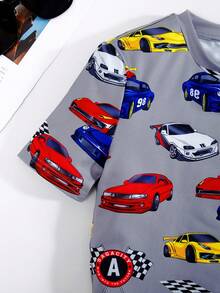 SHEIN Tween Boy Snug Fit Casual Round Neck Printed Sweatshirt And Knit Pants With Car Pattern, Perfect For Home Wear - Grey - View 3