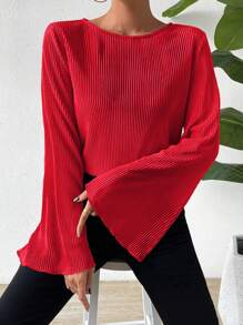 SHEIN Privé Women's Bell Sleeve Pleated Trim T-Shirt - Red - View 1