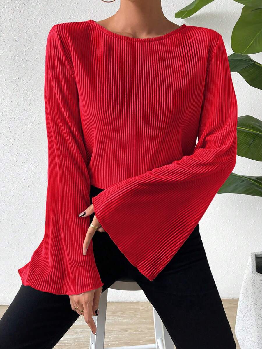 SHEIN Privé Women's Bell Sleeve Pleated Trim T-Shirt - Red - View 1