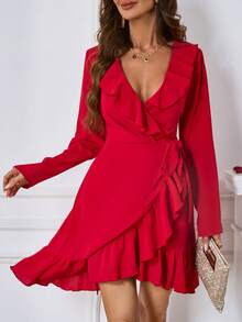 SHEIN LUNE 女裝荷葉領圍巾裝飾打結連衣裙 - 紅色 - 查看 4