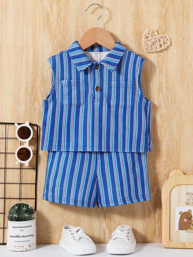 Baby Boys' Vest Style Denim Striped Jacket With Elastic Waist Shorts Set