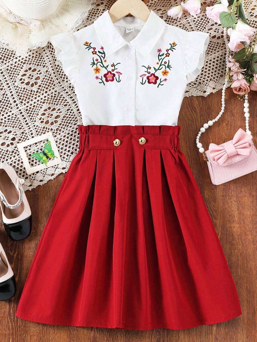 SHEIN Explorewe Conjunto De Blusa Y Falda Bordada Para Niña En Edades Intermedias - Burdeos - Ver 1
