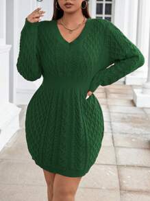 Calvaya Plus Size V-Neck Long Sleeve Cable Knit Sweater Dress (Belt Not Included) - Dark Green - View 4