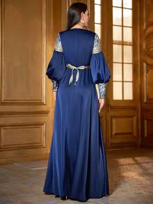 Women's Elegant Patchwork Embroidery Long Sleeve Dress, Modest - Blue - View 2