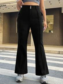 CovetEZ Plus Size Women's Solid Color Flap Pocket Flared Pants - Black - View 3