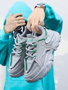 男款運動鞋全季節人造皮革鞋面輕量舒適多用途休閒鞋厚底增高跑步運動戶外單帶極簡運動鞋 - 灰色 - 查看 2