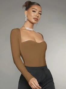 SHEIN BAE Long Sleeve Slim Fit Bodysuit - Brown - View 4