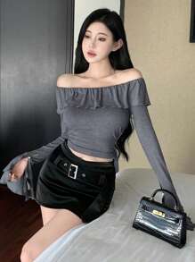 DAZY 女式修身荷叶边下摆 T 恤，秋季服装长袖女式上衣短款女式上衣 - 灰色 - 查看 6