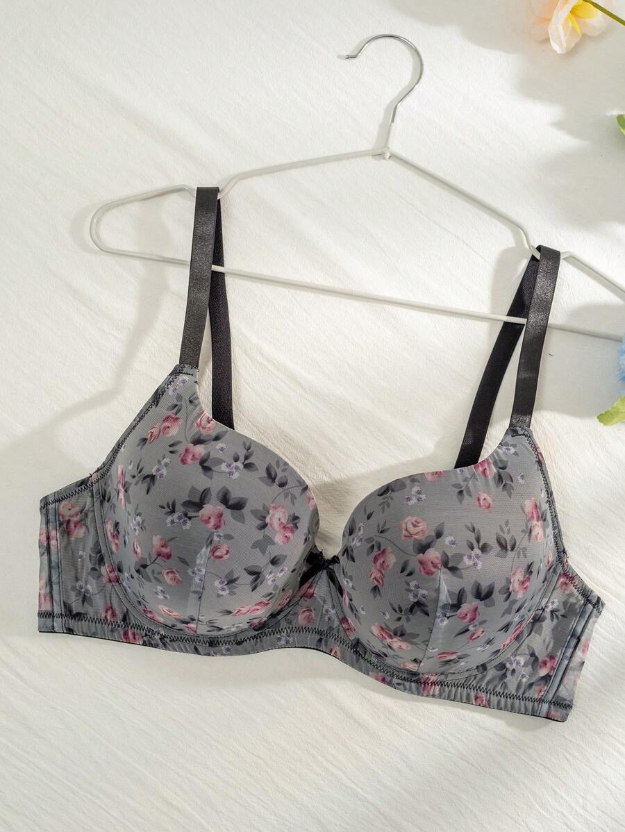 Plus Size Women's Floral Embroidery Bra With Bow Knot, Lingerie