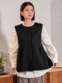 FRIFUL Veste sans manches à volants pour femmes, sans chemise - Noir - Voir 4