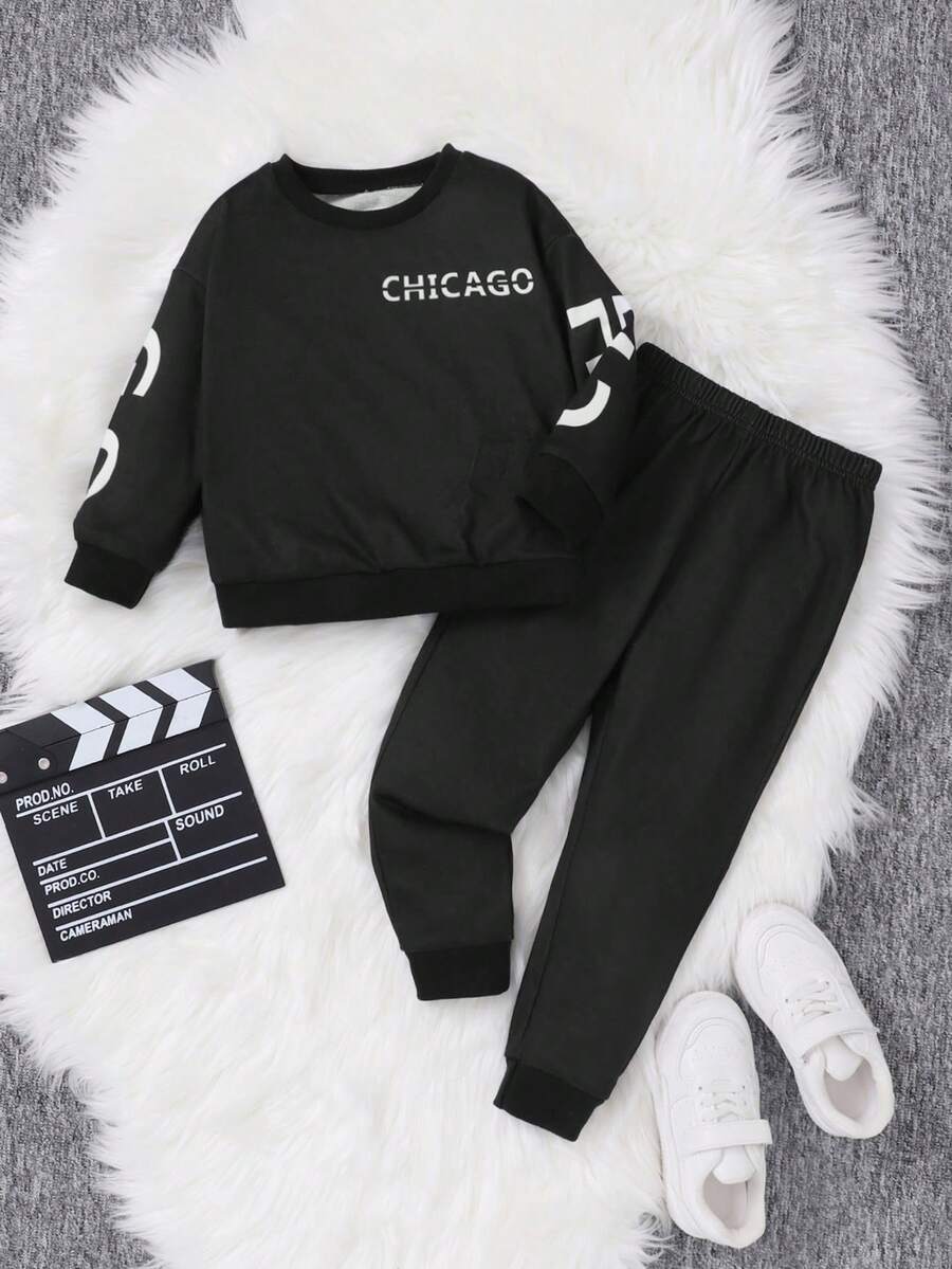 SHEIN Girls Autumn And Winter Letter Pattern Sweatshirt And Sweatpants Two-Piece Set - Black - View 1