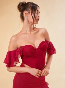 SHEIN BAE Hẹn hò ngày lễ tình nhân lãng mạn dành cho phụ nữ Áo trễ vai chấm bi gợi cảm có viền xếp nếp - Đỏ - Xem 7