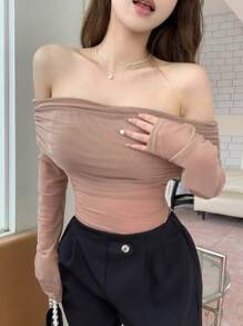 DAZY Women'S Off Shoulder Mesh Long Sleeve Top - Brown - View 6