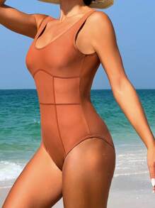 SHEIN Swim 女士纯色连体泳衣，撞色缝线，嘉年华夏季 - 棕色 - 查看 1
