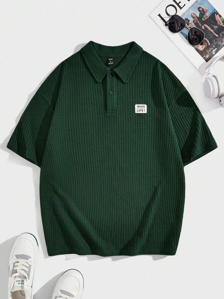 Manfinity VCAY 男士寬鬆字母拼接短袖polo衫 - 綠色 - 查看 1