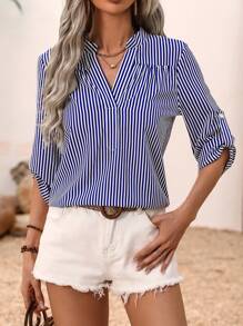 SHEIN Clasi 隨機條紋鑲邊衫 - 藍色 - 查看 1