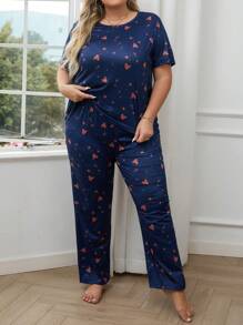 Plus Size Women's Heart Printed Short Sleeve Pajama Set - Royal Blue - View 5