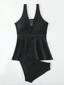 SHEIN Swim Women's Mesh Contrast Cami Bikini Set, Mature Charm Style Music Festival Summer - Black - View 5