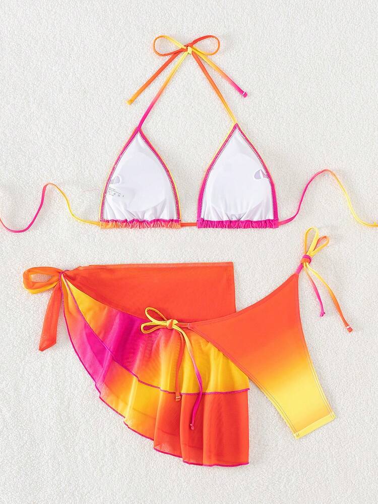 Gradient Halterneck Tie-Dye Separated Bikini Set 3pcs/Set Valentine Summer Beach