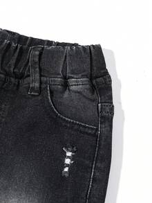 嬰兒男童彈性腰部洗水磨損牛仔褲 - 黑色 - 查看 6