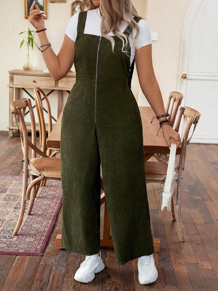 Plus Size Front Zipper Overalls