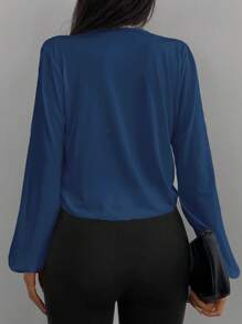 EURMUSE Solid Plunging Neck Lantern Sleeve Blouse - Dusty Blue - View 2
