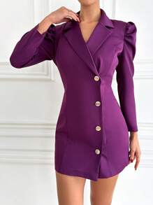 EURMUSE Lapel Neck Puff Sleeve Button Front Blazer Dress - Purple - View 1