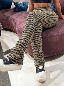 Women High Waist Fitted Casual Knit Striped Leggings - Brown - View 4