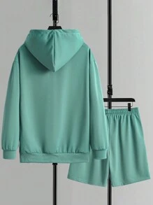 Manfinity Homme Men's Solid Color Hoodie And Shorts Set - Dark Green - View 2