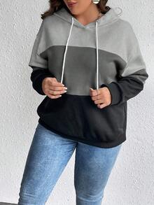 SHEIN LUNE Women'S Plus Size Hoodie With Color Block Design, Drawstring Closure, And Drop Shoulder Cut - Multicolor - View 4