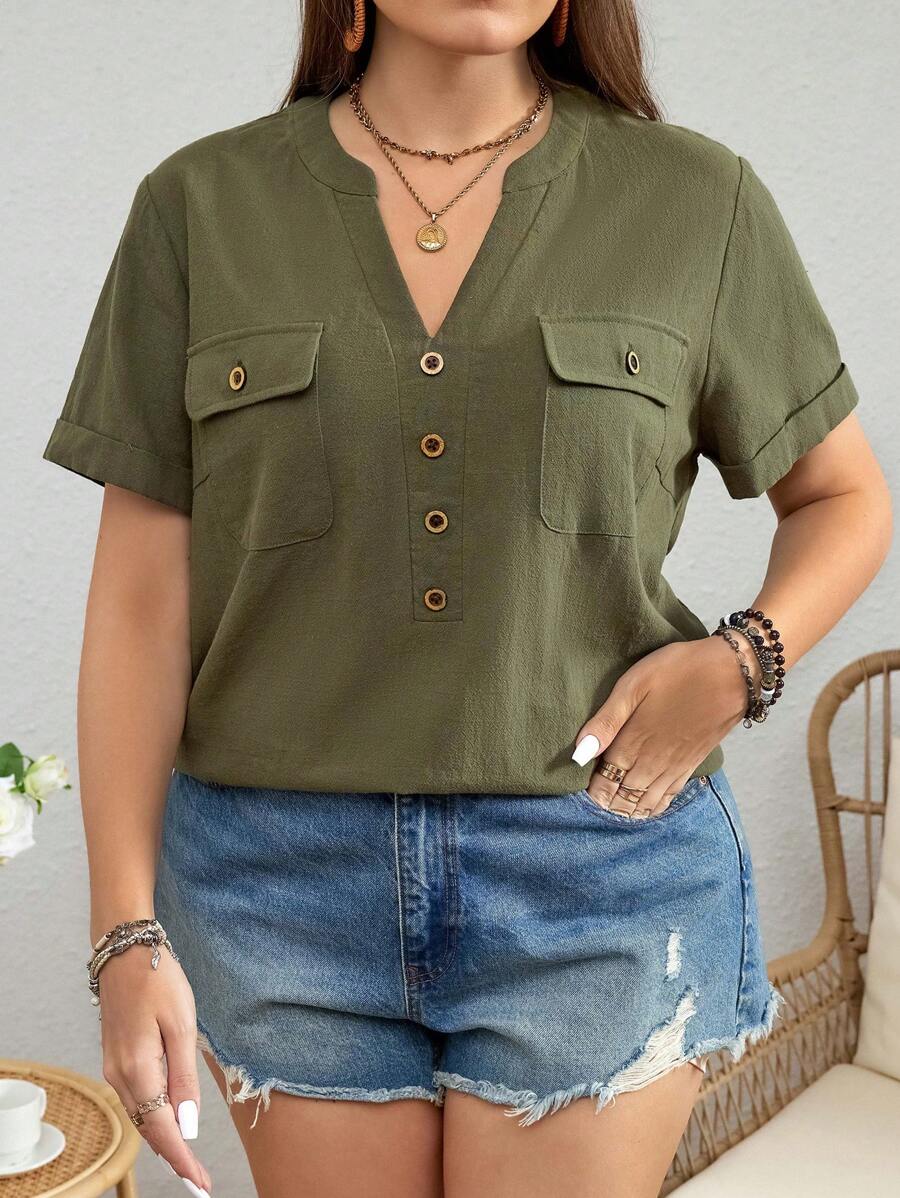 SHEIN LUNE Kích thước lớn Của phụ nữ Cổ áo có khía Ngắn tay Cargo Áo sơ mi - màu xanh lá - Xem 1
