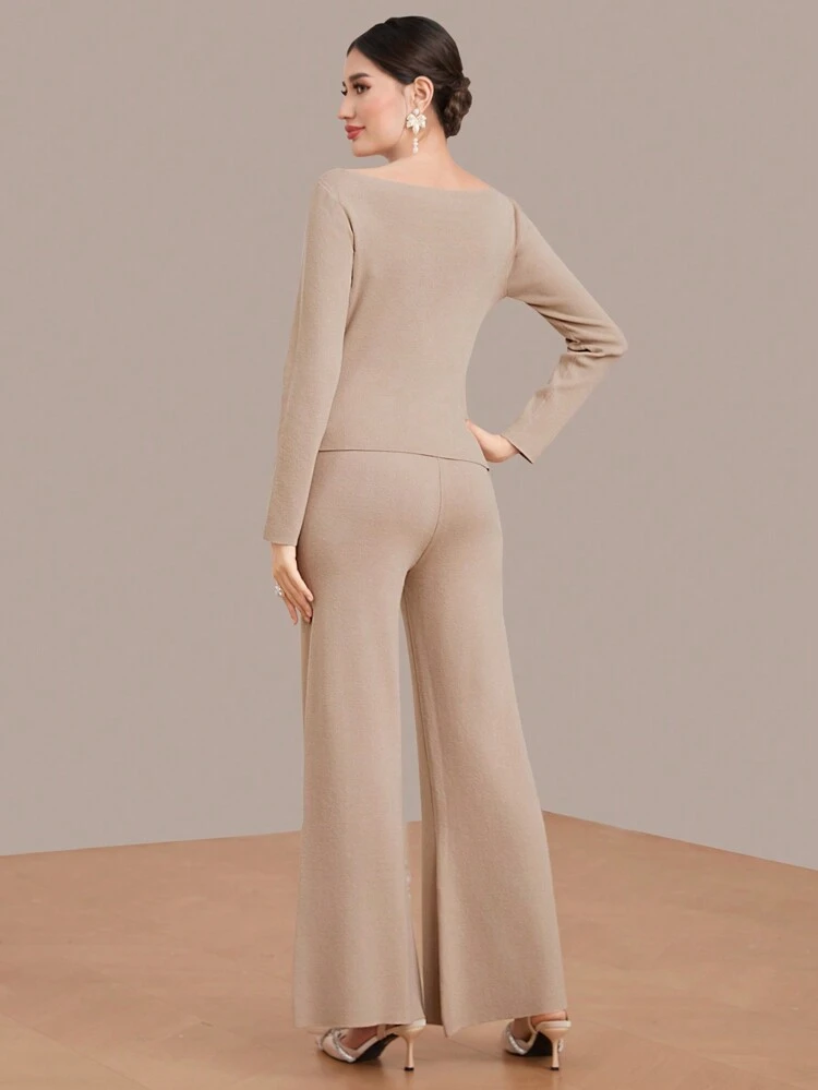 Women's Solid Color Round Neck Fitted Sweater And Flared Pants Two Pieces Set 2 Pieces Set Fall Cloth For Women