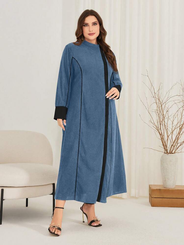 Plus Size Women's Arab Stand Collar Color Block Dress