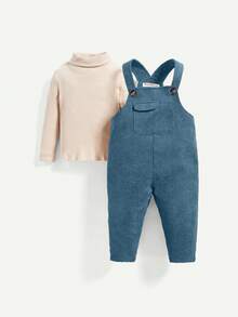 Cozy Pixies Baby Boys' Solid Color Turtleneck Sweater And Overalls Pants Set - Multicolor - View 3
