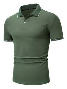 Manfinity Homme Men'S Color Block Contrast Trim Polo Shirt With Letter Logo - Green - View 3