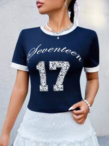 SHEIN EZwear Ngắn tay Lá thư In Của phụ nữ Áo thun - Màu xanh hải quân - Xem 1