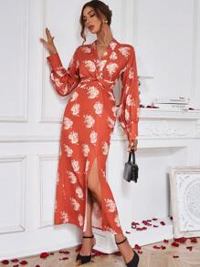 Chiquease Kleid Mit Blumen Muster Und Verdrehtem Detail Und Hohem Schlitz Am Saum - Orange - Übersicht 6